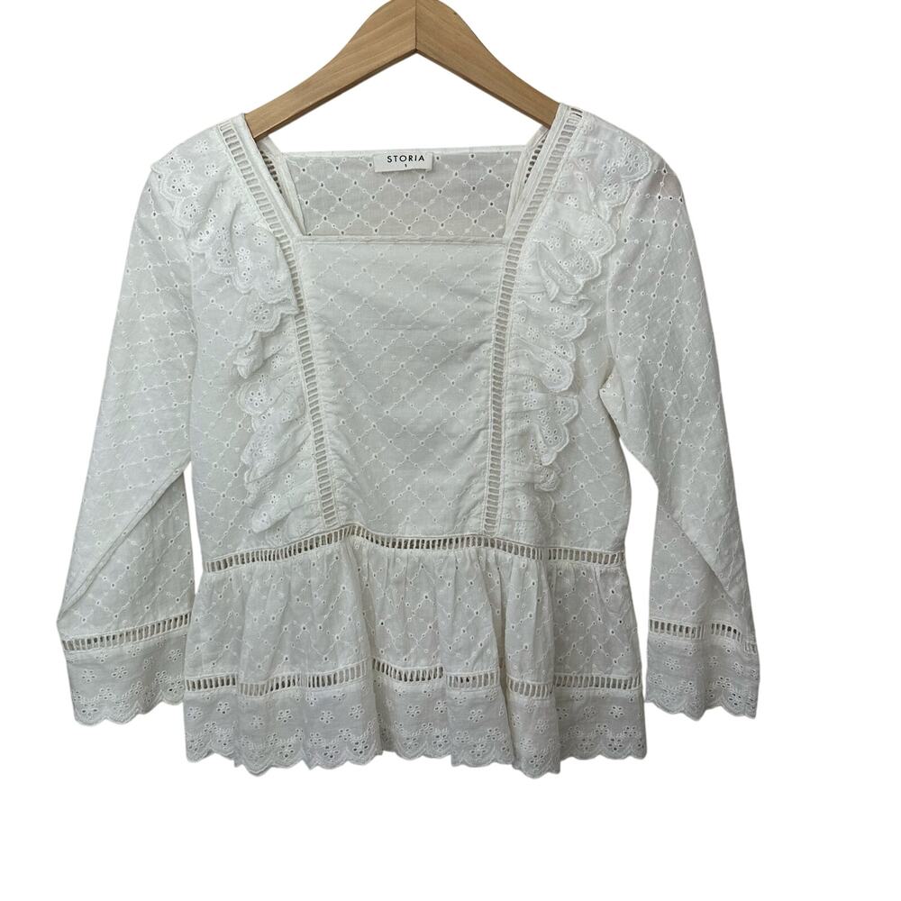 Storia Bohemian White Ruffled Eyelet Top Womens Small Milkmaid Babydoll Cotton